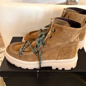 Tan Suede Combat Boots with Chunky Lug Sole